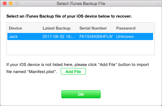 select itunes backup file